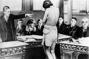 Artist's illustration of Alice Jones stripped down in court.