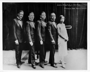 Louis Armstrong and his Hot Five jazz band. Left to right: Johnny St. Cyr, Edward “Kid” Ory, Armstrong, Johnny Dodds, and Lil Hardin.